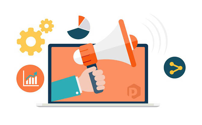 megafoon uit laptop met iconen