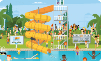 personages die spelen in zwembad en glijbaan