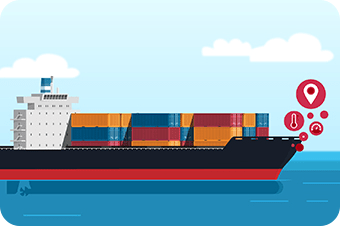 Containerschip op zee met snelheid, locatie en andere iconen