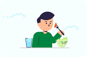 Man die salade eet en water drinkt