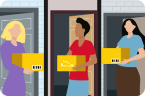 3 personages ontvangen een pakketje schoenen