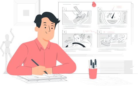 Personage die van schetsen een storyboard maakt