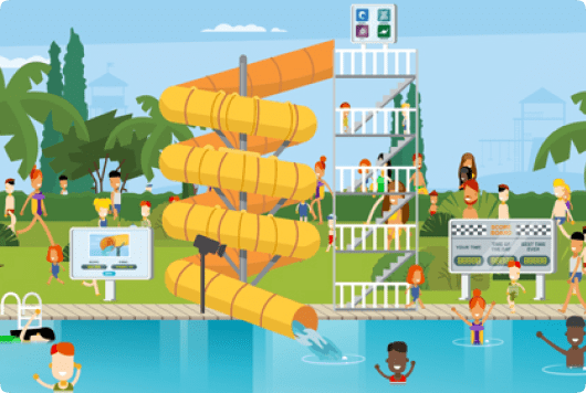 personages die spelen in waterpark met glijbaan