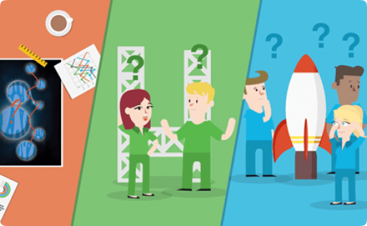 Personen bereiden raketreis voor met vraagtekens