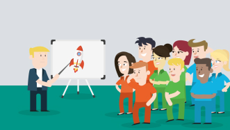 personage geeft presentatie over raket