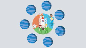 raketlancering met wereldbollen eromheen