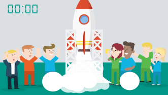 Raketlancering met personages eromheen