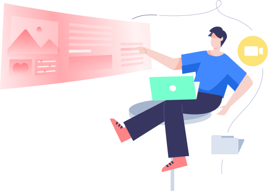 personage met laptop die zit en iets aanklikt