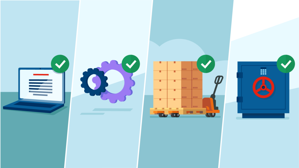 Vierdeling: laptop, tandwielen, dozen, kluis - elk met groen vinkje