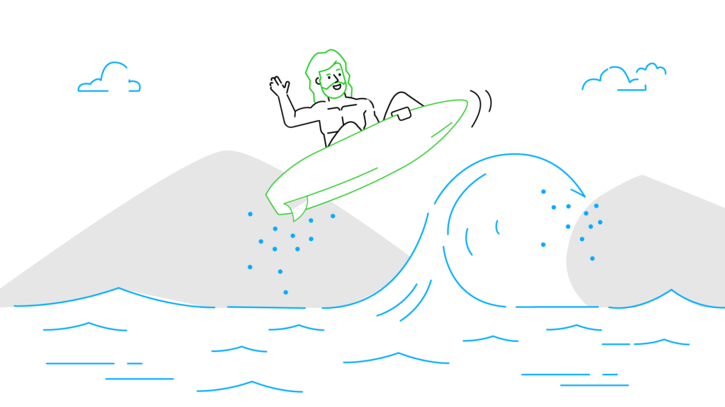 Personage met surfboard surft op golf